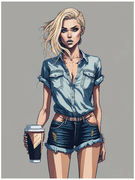 Fashion blond hair girl back Fashion look Stylish girl in jeans shorts Blonde holding paper coffee cup Woman with beautiful hairstyle Fashion illustration