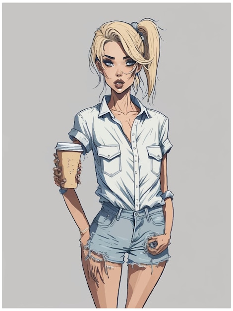 Fashion blond hair girl back Fashion look Stylish girl in jeans shorts Blonde holding paper coffee cup Woman with beautiful hairstyle Fashion illustration