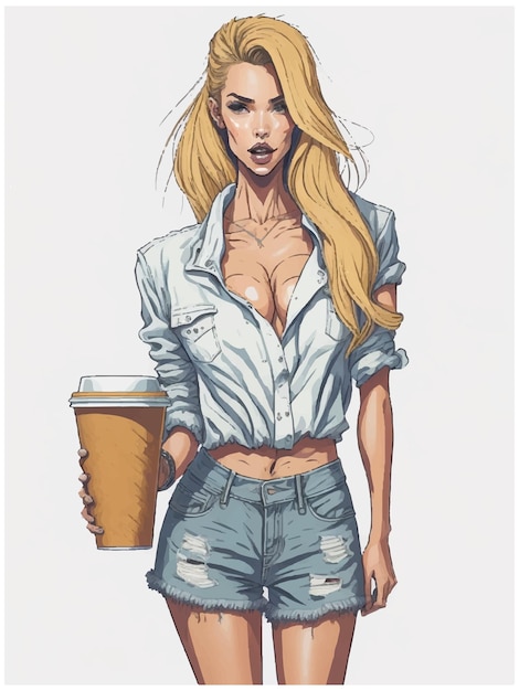 Fashion blond hair girl back Fashion look Stylish girl in jeans shorts Blonde holding paper coffee cup Woman with beautiful hairstyle Fashion illustration