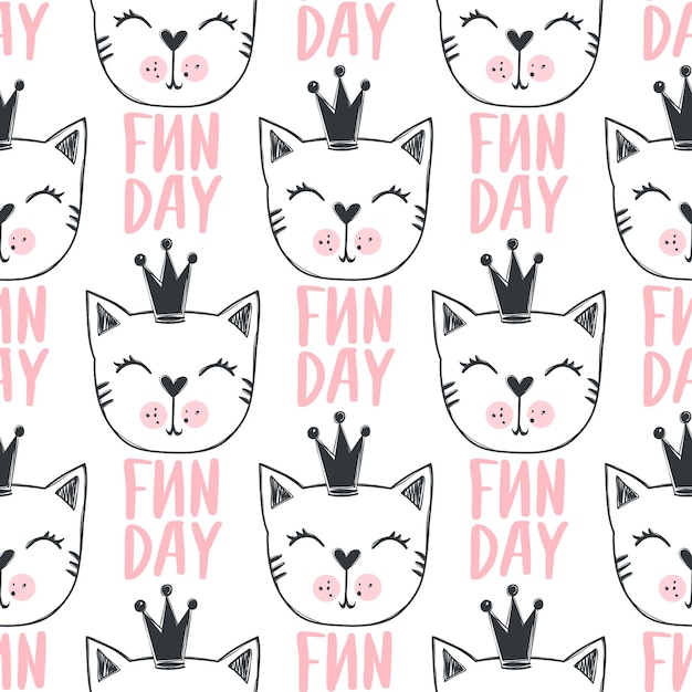 Fashion cat seamless pattern. Cute kitten illustration in sketch style. Cartoon animals background. Doodle kitty. Ideal for fabric, wallpaper, wrapping paper, textile, bedding, t-shirt print.