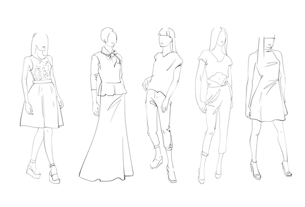 Fashion Collection Of Clothes Set Of Male And Female Models Wearing Trendy Clothing Sketch