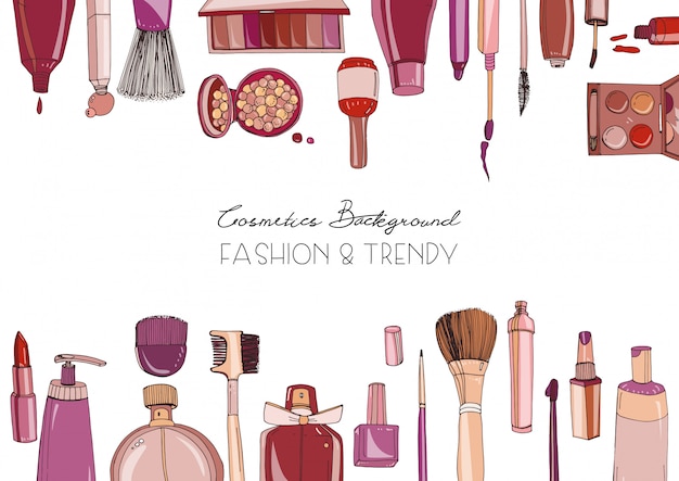 Fashion cosmetics horizontal background with make up artist objects.   hand drawn illustration with place for text.