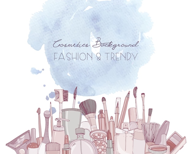 Fashion cosmetics horizontal background with make up artist objects and watercolor spot.   hand drawn illustration with place for text.