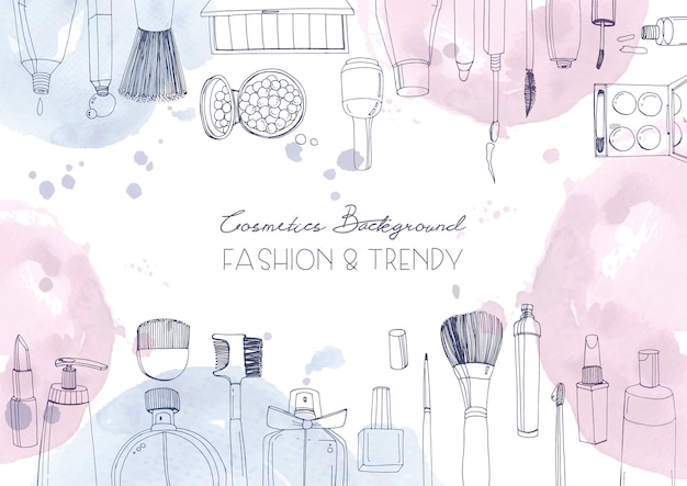 Fashion cosmetics horizontal background with make up artist objects and watercolor spots. hand drawn illustration with place for text.