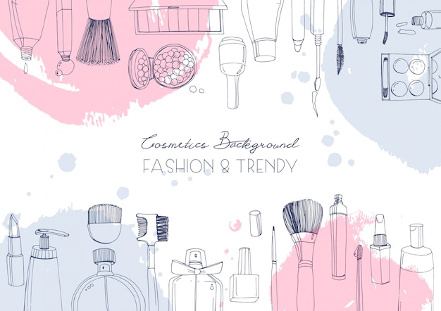 Fashion cosmetics horizontal background with make up artist objects and watercolor spots.