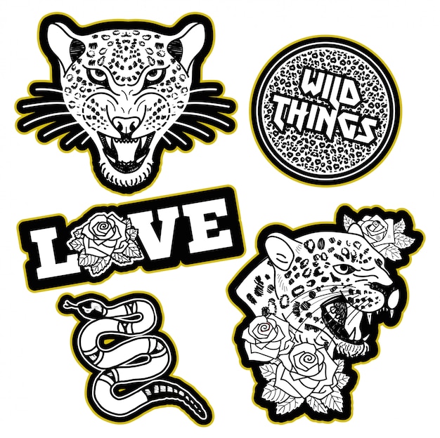 Fashion design print of patch or sticker for clothes t shirt bomber sweatshirt with wild angry heads of leopard, pink snake, trend phrase, flowers roses Modern Trendy icon for streetwear brand.