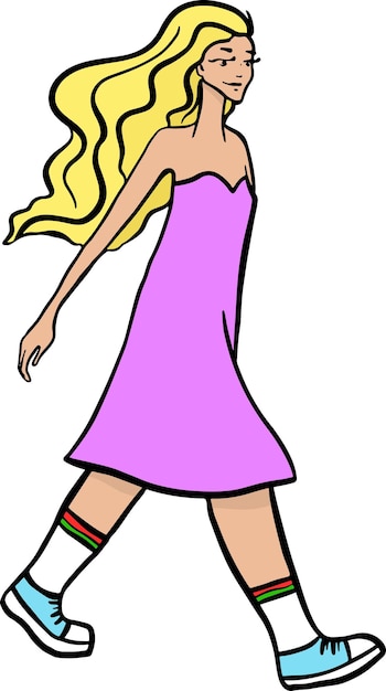 Fashion girl in purple dress with long hair is walking fast Cartoon young woman sketch Vector illustration