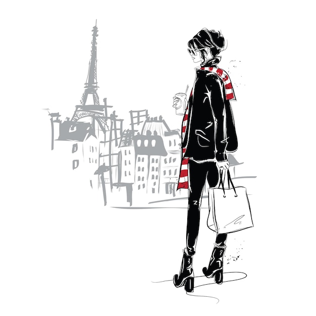 Fashion girl in sketch style in Paris.   illustration.