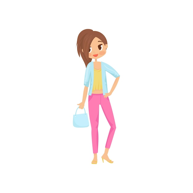 Fashion girl with big shiny eyes Young woman in stylish pink pants yellow blouse and blue jacket high heels shoes and handbag Flat vector design