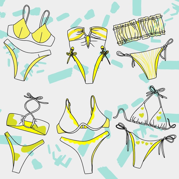 Vector fashion girls beach swimwear set mixed colors yellow sewing doodle sketch