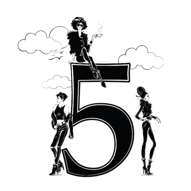 Fashion girls in sketch style with number five. Vector illustration.