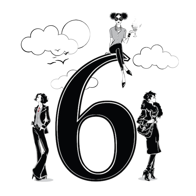 Fashion girls in sketch style with number six. Vector illustration.