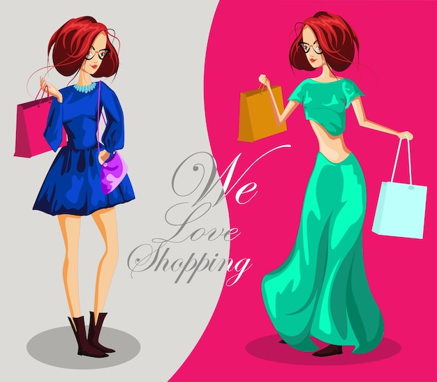 Fashion girls with shopping bags Vector illustration