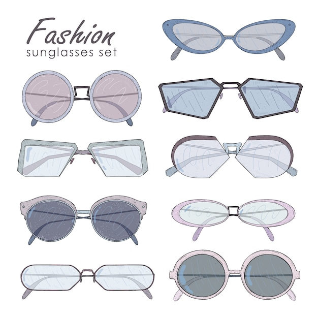 Fashion glasses set . Hand drawn sunglasses collection vintage, modern and futuristic