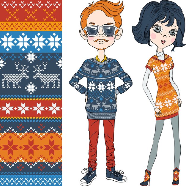 Vector fashion hipster boy and girl in knitted sweaters with norwegian seamless pattern