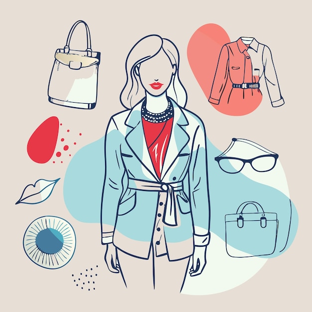 Vector fashion illustration featuring clothing and accessories