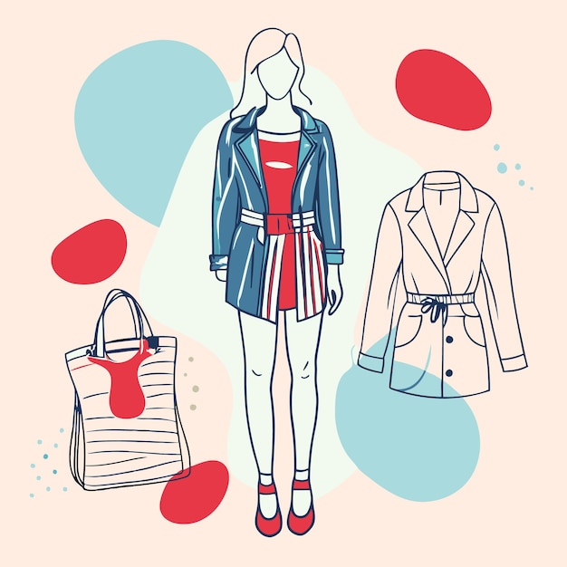 Vector fashion illustration featuring a model with clothing and accessories