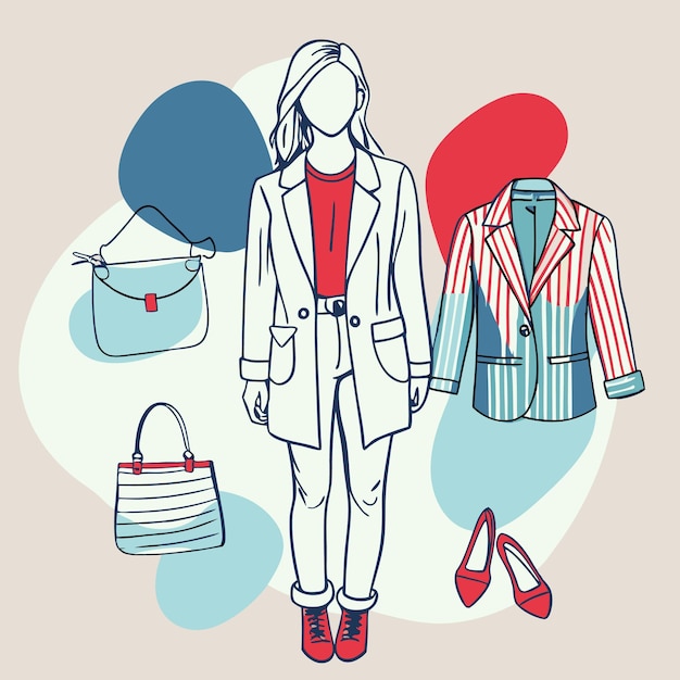 Vector fashion illustration featuring outfits and accessories