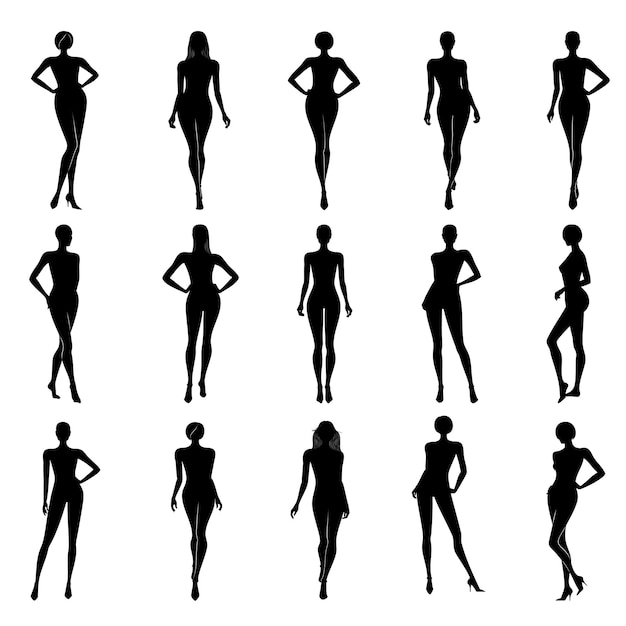 Fashion illustration of female body silhouettes in black color, vector set, isolated