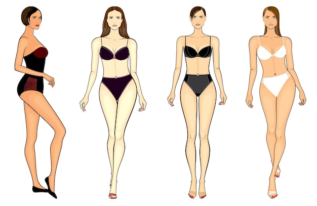 Fashion illustration of outline model girls in lingerie, vector set, isolated, on white background.