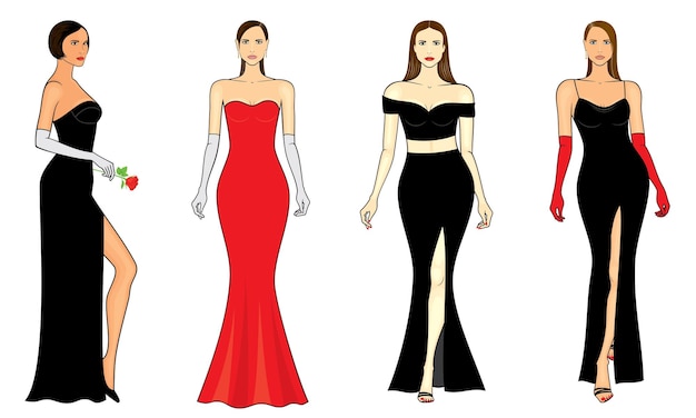 Fashion illustration of outline young women in evening gowns vector set in color isolated