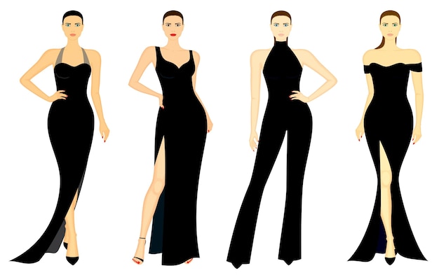 Fashion illustration of pretty young ladies with slim body shape in evening attire