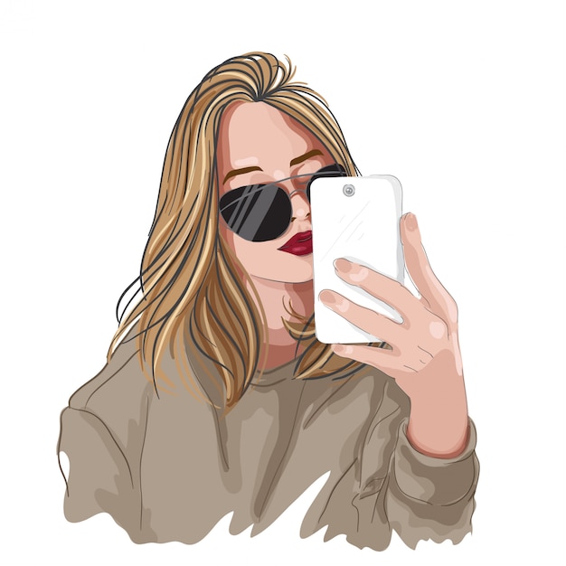 Fashion illustration. vector girl with glasses holding handphone