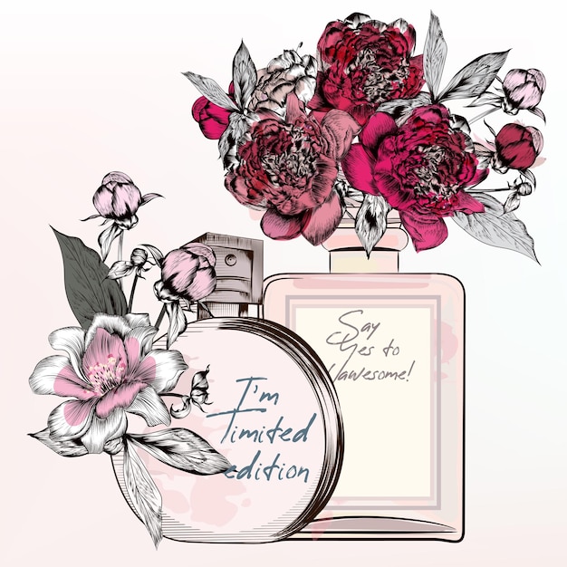 Fashion illustration with perfume bottles roses peony flowers in vintage style