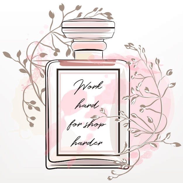 Vector fashion illustration with pink perfume glass bottle in watercolor style