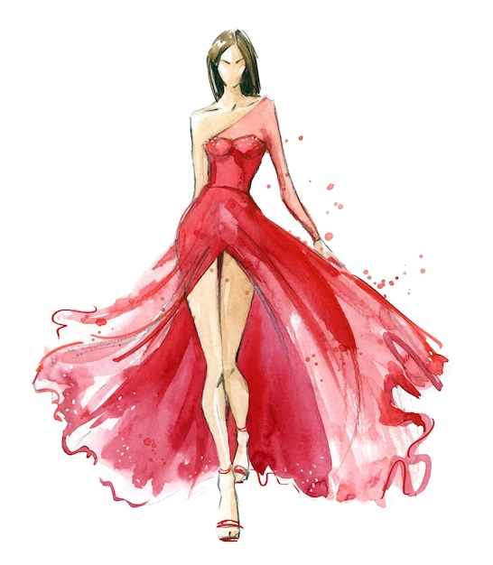 Fashion illustration. Young woman wearing long evening dress. Catwalk.