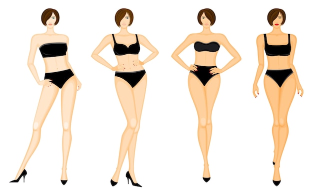 Fashion illustration of young women in bikini, vector set in color, isolated, on white background