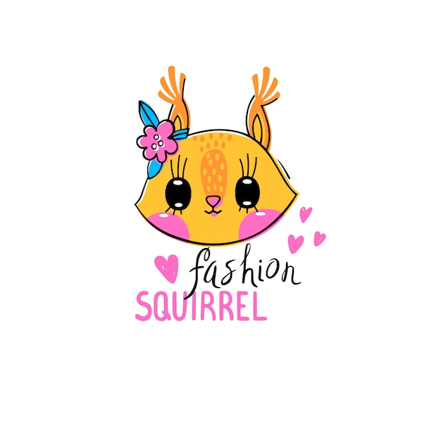 Fashion kawaii animal. illustration of a squirrel face with a barrettes flowers.