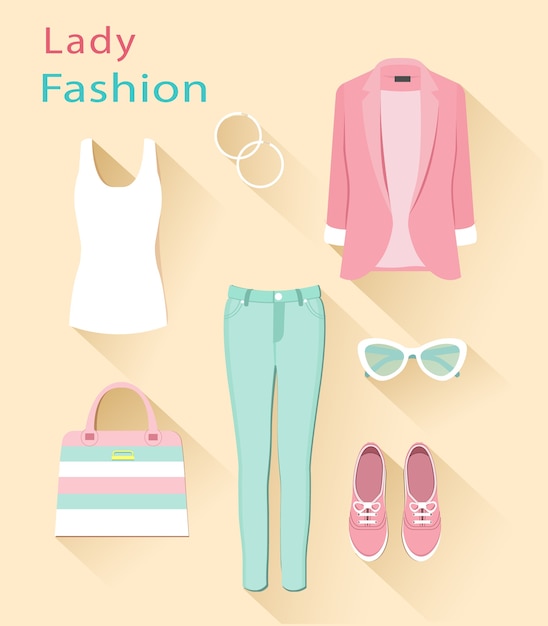    of fashion look. Woman clothing set. Trendy clothes objects