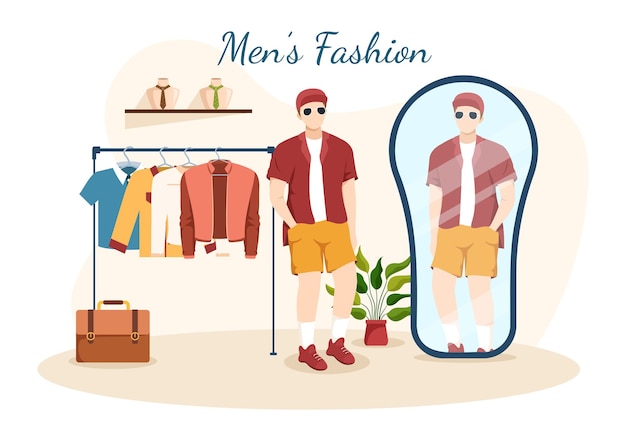 Fashion Men and Outfit of Fashionable Man in Clothes Shop for Shopping on Flat Illustration