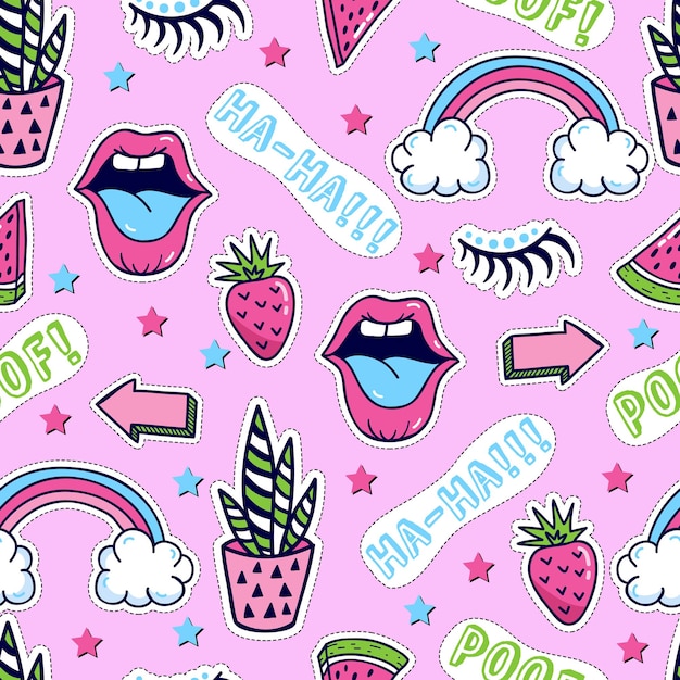 Fashion patch badges seamless pattern. lipstick, heart, crown, mail, lips, diamond, eyes. Vector hand drawn illustration. Pop art sketch badges and pins. 80s - 90s style