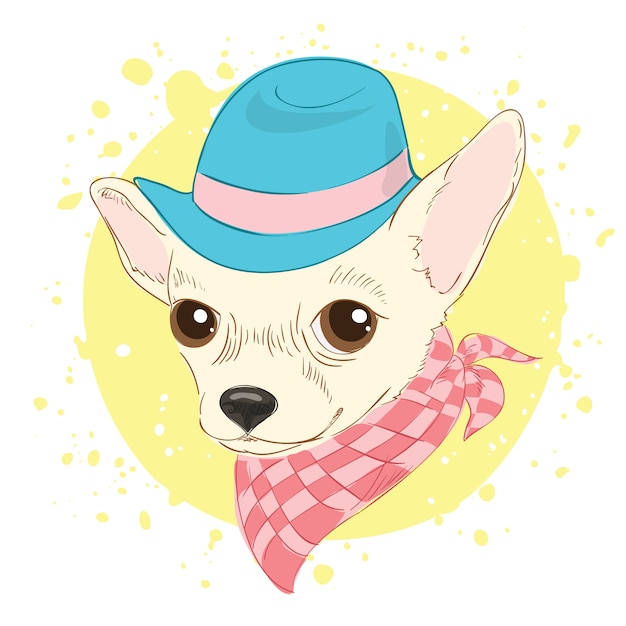 Vector fashion portrait of chihuahua dog wearing hat and cravat.