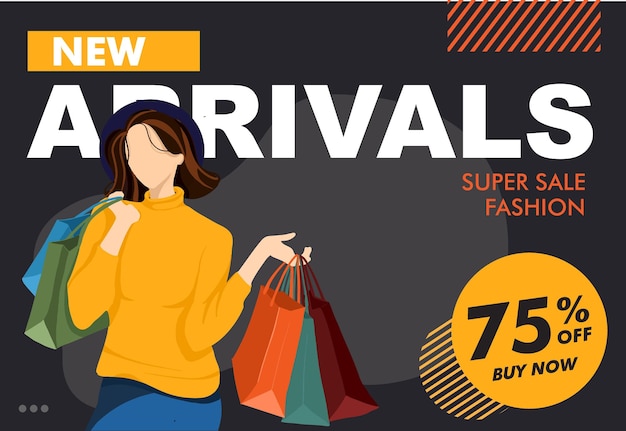 Fashion promotion banner template vector with young woman hold shopping bags