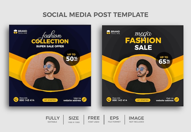 Fashion sale Editable square banner template. Black and yellow color background  fashion banner