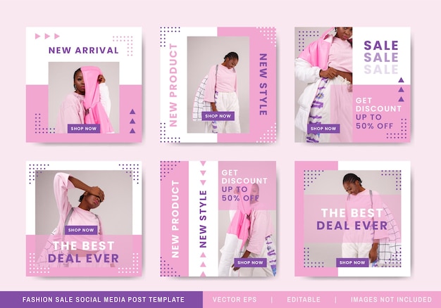 Fashion sale social media post template collection with pink and purple color