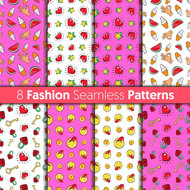 Fashion Seamless Patterns Set. Hearts, Hands, Money, Stars and Sweets  Fashion Backgrounds in Retro Comic Style