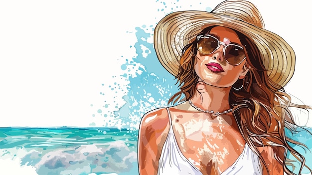 Fashion Shot of Beautiful Woman on Beach Handdrawn Illustration