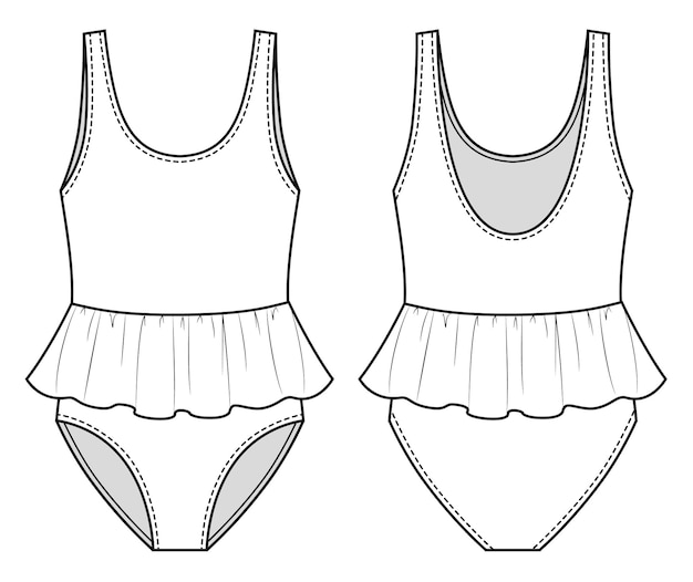 Fashion sketch of one piece swimmingsuit for children swimsuit with mini skirt