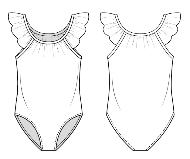 Fashion sketch of one piece swimmingsuit for children with a ruffles on shoulders