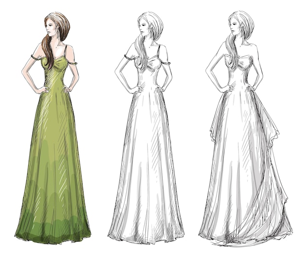 Vector fashion sketch of three long floating dresses