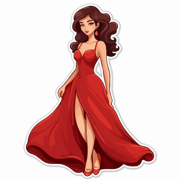 Fashion Sticker Template with Elegant Woman in Red Dress