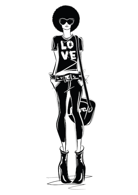 Fashion stylish original hand-drawn graphic with beautiful young girl model for design . Graphic drawing sketch with woman.