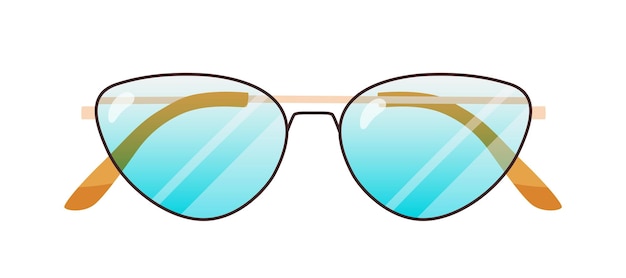 Fashion sunglasses with cat eyes lenses shape and thin metal rim. Stylish pair of sun glasses. Summer women eyewear with rounded frame. Optical accessory. Flat vector illustration isolated on white