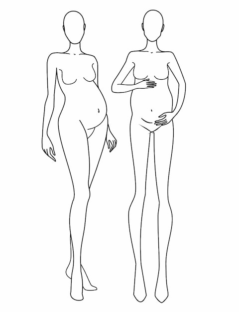 Fashion template of women in different poses 9 head size for technical drawing, 
pregnant woman