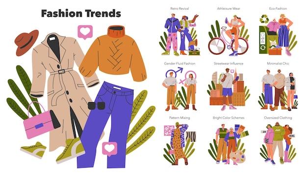 Fashion trends concept illustration of contemporary clothing styles such as ecofashion and