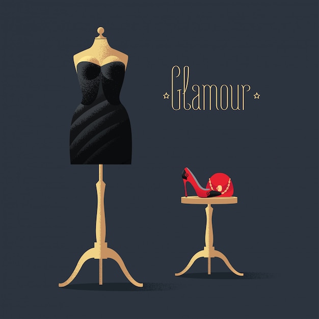 Fashion vector illustration with little black dress, high heels shoe and bag